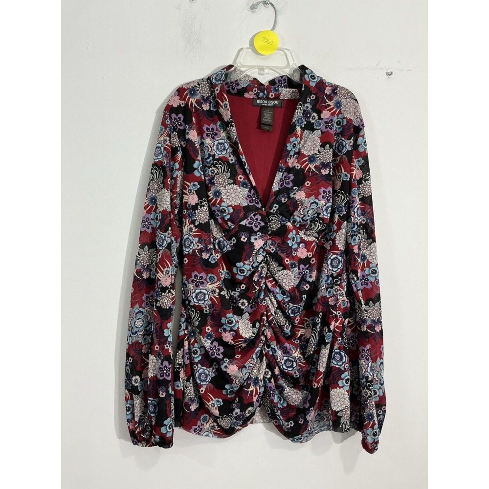 Womans Bisou Bisou Michele Size 1X Red Blue Floral Pull Over Long Sleeve Blouse